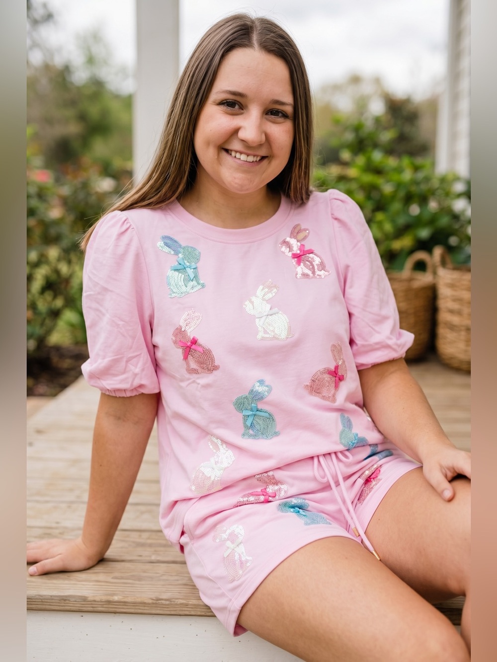 Mary Square Pink Bunny Easter Embroidered Lounge Set
